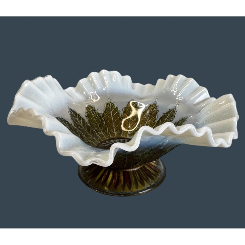 Vintage Opalescent Gold Maple Leaf Iridescent Ruffled Pedestal Bowl 8 1/8"